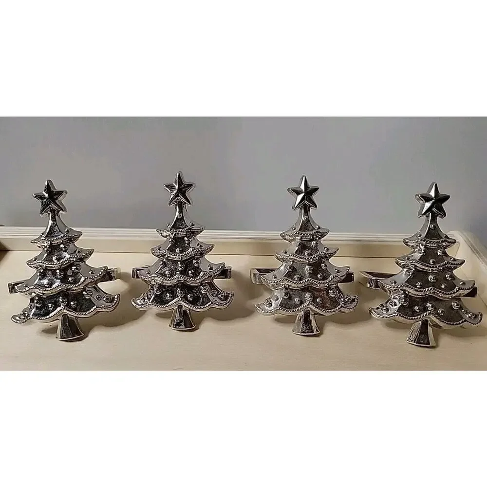 Pier One Set of 4 Silver Christmas Tree Napkin Holders 2.5